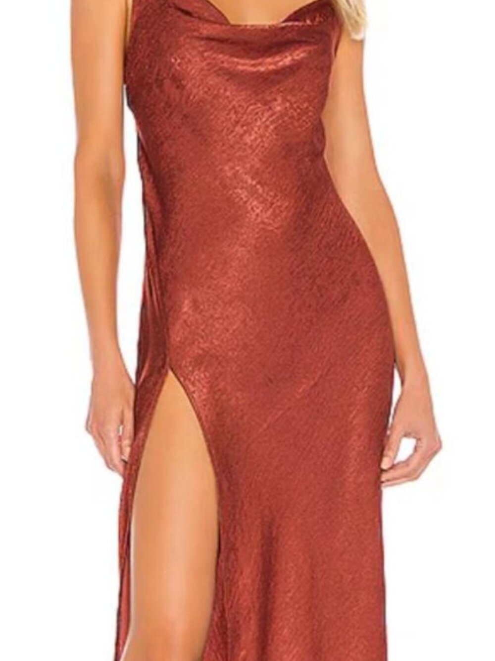 RESA Red and Burgundy Satin Slip Midi Dress With High Slit